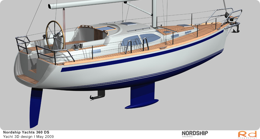 3D-rendering af Nordship 360 sejlbåd sejlende i en havn, produceret som en del af et projekt i maj 2009.