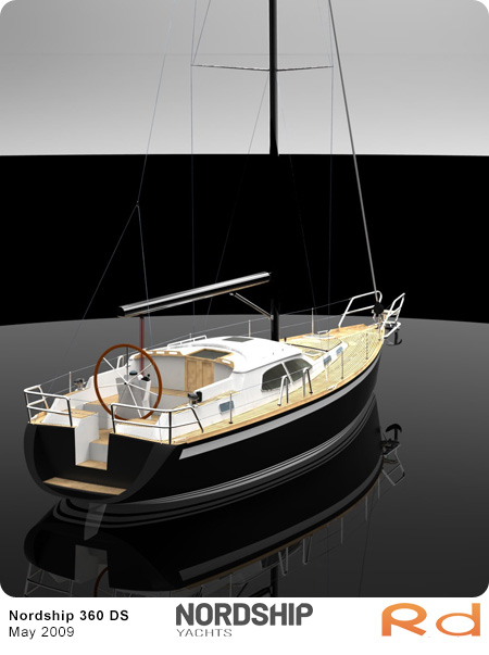 3D-rendering af Nordship 360 DS luksus yacht af Roug Design, med moderne dæksalon og cockpit, inspireret af skandinavisk yachtdesign, udstillet på Düsseldorf International Boat Show 2010.