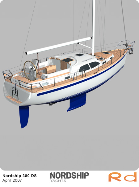 3D-model af Nordship 380 DS, motorsejlbåd designet af Roug Design, dansk yacht design, 38-fods eksklusiv båd.