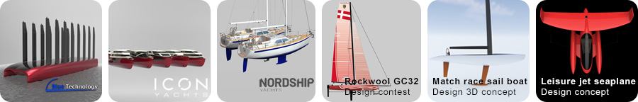 Collage of maritime design projects: zero-emission ship concept, megayacht design, Nordship sailing yacht, Rockwool GC32 branding, match racing sailboat, and jet seaplane.